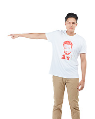 Image showing Idea, mockup and pointing with portrait of asian man for question, product and deal choice. Target, solution and sales with isolated guy for discount, decision and planning in white background studio