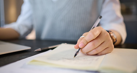 Image showing Hands, book and student writing notes with pen for studying and learning in class at school. University education, college and hand of male learner write ideas, planning and information on notebook.