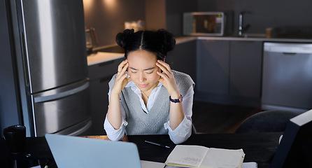 Image showing Stress, headache and woman on laptop, glitch and burnout while working at night in a kitchen. Tired, entrepreneur and business fail by asian female worker frustrated with online, project and mistake