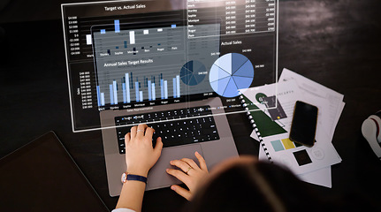 Image showing Woman, hands and laptop with hologram in analytics for chart, graph or marketing statistics at the office. Female analysis checking 3D digital data for corporate or company value or sales on computer