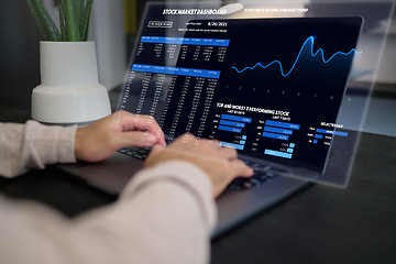 Image showing Stock market, dashboard and trader man typing on laptop as investment analyst for cryptocurrency data. Hands of business person or borker on home internet for trading graph overlay, code and stocks