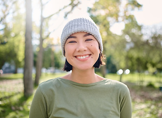 Image showing Nature, smile and portrait of Asian woman in forest for adventure, freedom and hiking for fitness. Wellness, relax and face of girl enjoying fresh air, peace and woods for exercise, cardio and hike