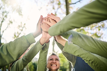 Image showing High five, outdoor and hands from team building at a wellness retreat with community and support. Volunteer, happiness and smile of support group excited with collaboration, trust and solidarity