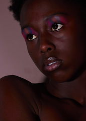 Image showing Face, thinking and makeup with a model black woman in studio on a mauve background for beauty. Skincare, idea and cosmetics with an attractive young female posing indoor to promote natural care