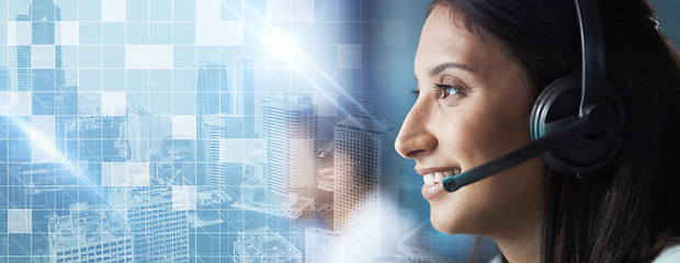 Image showing Ecommerce, overlay or sales consultant in a call center job helping, talking or networking online. Graphic hologram, woman or insurance agent in communication at customer services or sales at desk