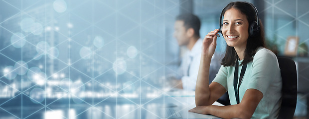 Image showing Portrait, hologram or woman consulting in a call center office helping, talking or networking online. Graphic overlay, happy or insurance agent in communication at customer services or sales at desk