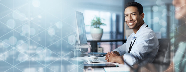 Image showing Portrait, overlay or businessman typing on computer or networking online in a office building for goals or success. Mockup, digital or happy financial investor in sales smiles with pride at desk