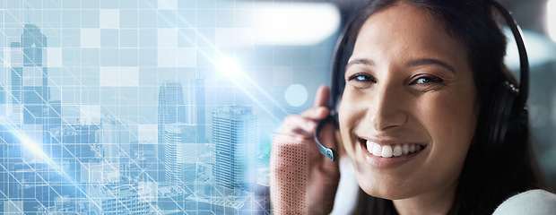 Image showing Portrait, overlay or sales consultant in a call center helping, talking or networking online at office desk. Graphic hologram, happy woman or insurance agent in communication at customer services job