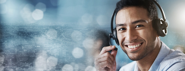 Image showing Portrait, mockup or happy consultant in call center helping, talking on microphone or networking online. Crm, man or agent in communication at customer services smiles with pride at sales job success