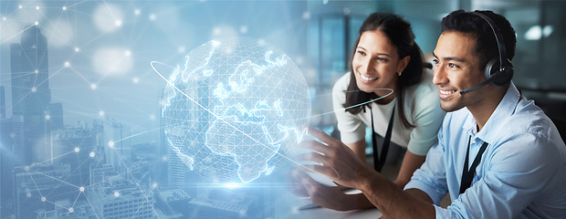 Image showing Coaching, overlay or consulting team in a call center helping, talking or networking online in training. Global hologram, woman or happy agents in communication at customer services or sales support