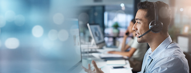 Image showing Crm, mockup or man in a telemarketing call center helping, talking or networking online via microphone. Contact support, consultant or insurance agent in communication at customer services or sales