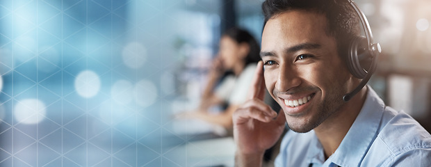 Image showing Contact us, mockup or man in a call center with a happy smile helping, talking or networking online. Face, crm or insurance agent in communication or conversation at customer services or sales office