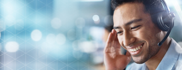 Image showing Crm, mockup or telemarketing consultant in a call center helping, talking or networking online. Bokeh, happy man or insurance agent in communication or listening at customer services or at desk job