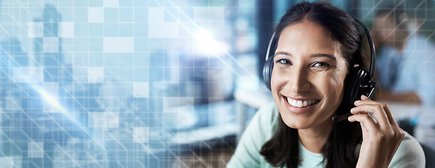 Image showing Portrait, overlay or happy consultant in a call center helping, talking or networking online at office desk. Graphic hologram, woman or insurance agent in communication at customer services or sales