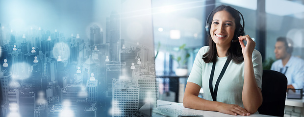 Image showing Crm, overlay or woman in a telemarketing call center helping, talking or networking online at desk. City hologram, portrait or happy insurance agent in communication at customer services or sales job