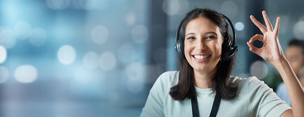 Image showing Portrait, mockup or happy consultant in a call center helping, talking or networking online with success. Ok hand gesture, woman or insurance agent in communication at customer services or sales job