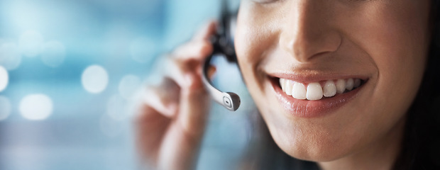 Image showing Microphone, mockup or happy consultant in call center helping, talking or networking online. Mouth zoom, woman or insurance agent in communication smiles with pride at customer services or sales job