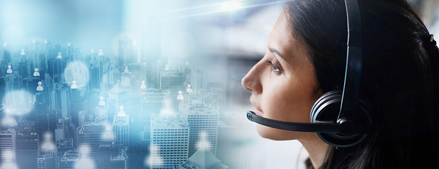 Image showing Crm, overlay or telemarketing consultant in a call center helping, talking or networking online. Digital graphic hologram, woman or insurance agent in communication at customer services or sales job