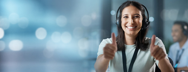 Image showing Success, mockup or consultant with thumbs up in call center helping, talking or networking online. Portrait, happy woman or insurance agent in communication at customer services with like or ok sign