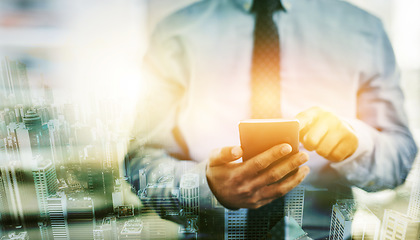 Image showing Phone, hands and overlay of business man texting, web scrolling or internet browsing. Technology, city double exposure and male employee networking, research or social media on 5g smartphone at night