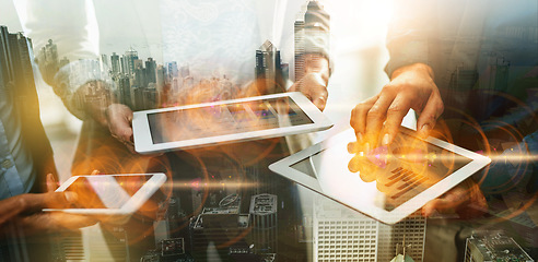 Image showing Tablet, hands and overlay of business people with phone for networking, data and analysis. City double exposure, teamwork and group of workers with mobile and tech for discussing marketing strategy.