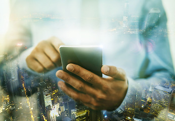 Image showing Hands, phone and overlay of business man texting, web scrolling or internet browsing. Technology, city double exposure and male employee networking, research or social media on 5g smartphone at night