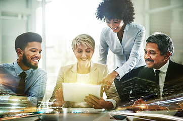 Image showing Teamwork, tablet and overlay of business people in office for research, planning or brainstorming ideas. Technology, city double exposure or group collaboration of employees with touchscreen at night