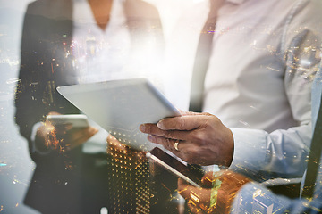 Image showing Hands, tablet and overlay of business people with phone for research, planning and brainstorming ideas. Technology, city double exposure or group of employees networking on mobile smartphone at night