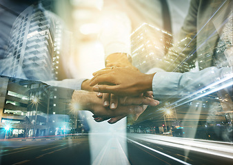 Image showing Teamwork, collaboration and overlay of business people with hands together for unity, solidarity and team building. City road, double exposure and group of employees huddle for support or motivation.