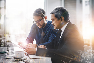 Image showing Teamwork, office and overlay of business people with tablet for research, planning and brainstorming ideas. Technology, city double exposure and collaboration of employees with digital touchscreen.