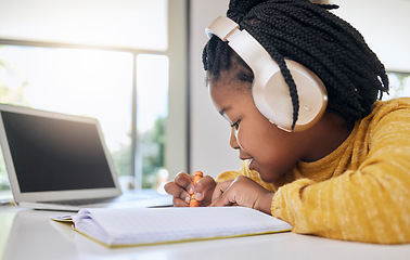 Image showing Education, black girl and writing with headphones, homework and learning for growth, happy and notes. African American female child, kid or young person with focus, development or knowledge with book