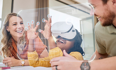 Image showing VR, education and family learning with a screen, metaverse studying and 3d homework. Creative, innovation and interracial mother, father and child helping with technology for knowledge together