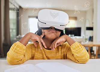 Image showing Vr, metaverse and child with headset in virtual class for elearning, gaming or video streaming online. Futuristic education, entertainment and innovation in ux technology for children in home school.