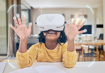 Image showing Vr, education and child in headset elearning in virtual class in metaverse, gaming or video streaming. Futuristic learning, cyber classroom and innovation in technology for children with icon overlay