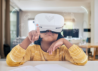 Image showing Augmented reality, education and child with headset for test in virtual class in metaverse online. Futuristic elearning, vr and innovation in technology for children in home school with icon overlay.