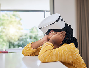 Image showing Vr, education and child with headset in happy virtual class for elearning, gaming or video streaming online. Futuristic entertainment, fun and innovation in ux technology for children in home school.