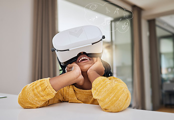 Image showing Vr, metaverse and child with smile in elearning class, gaming or virtual video streaming online. Futuristic education, augmented reality and innovation in technology for happy children in home school