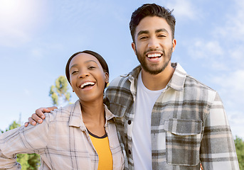 Image showing Happy couple, smile and hug for summer vacation, travel or holiday break together outdoors. Portrait of man and woman hugging, smiling and enjoying traveling, trip or getaway in nature with happiness