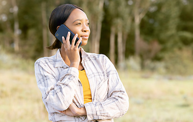 Image showing African woman, forest and phone call for talk, question or thinking for interest, focus or idea on grass in summer. Adventure, smartphone conversation or holiday for girl in sunshine, woods and trees