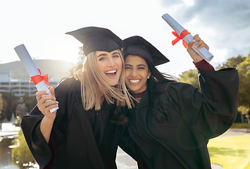 Image showing Certificate, friends and graduation portrait of women hug together at college celebration. Diploma success, happiness and excited people with school, education and university student achievement