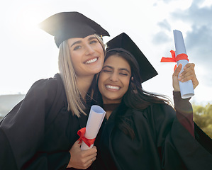 Image showing Scholarship scroll, friends and graduation certificate portrait of women together at celebration. Diploma success, happiness and excited students with school, education and university achievement