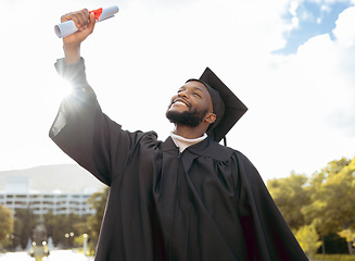 Image showing Graduation event, diploma and black man celebrate achievement, success and smile. Happy graduate, education certificate and winner of university goals, learning award and student motivation of future