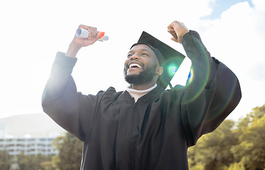 Image showing Graduation, fist and black man celebrate success, achievement and college target. Happy graduate, education celebration and excited for university goals, learning award and student motivation of hope