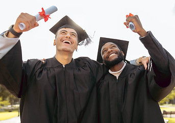 Image showing Graduation, friends and pride of success, achievement or goals at outdoor college celebration. Happy graduate men thinking of future, education award and dream of motivation, hope or winning students