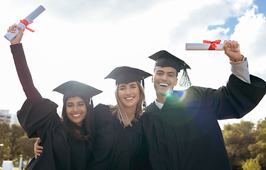 Image showing Graduation, students and portrait of friends, certificate and diploma of success at outdoor college event. Happy people, school graduate and group smile for university goals, award and celebration