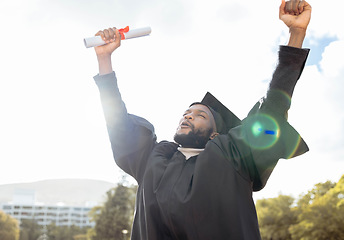 Image showing Graduation, cheering and black man celebrate success, achievement and college target. Happy graduate, education celebration and excited for university goals, learning award and student motivation