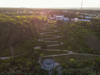 Image showing Aerial top vew of winding road in the city