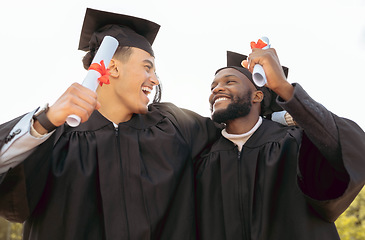 Image showing Graduation, celebration and friends with diploma, success and pride. Happy men, graduate students and certificate of study goals, award and smile for certified education, motivation and winning event