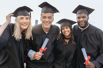 Image showing Education, university and portrait of students for graduation, success and achievement in college. School, graduate and group of friends in celebration with certificate, diploma and academic degree