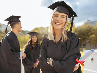 Image showing Graduation, students and portrait of woman, certificate and diploma of success at outdoor college event. Happy graduate, education and smile for university goals, learning award and dream celebration